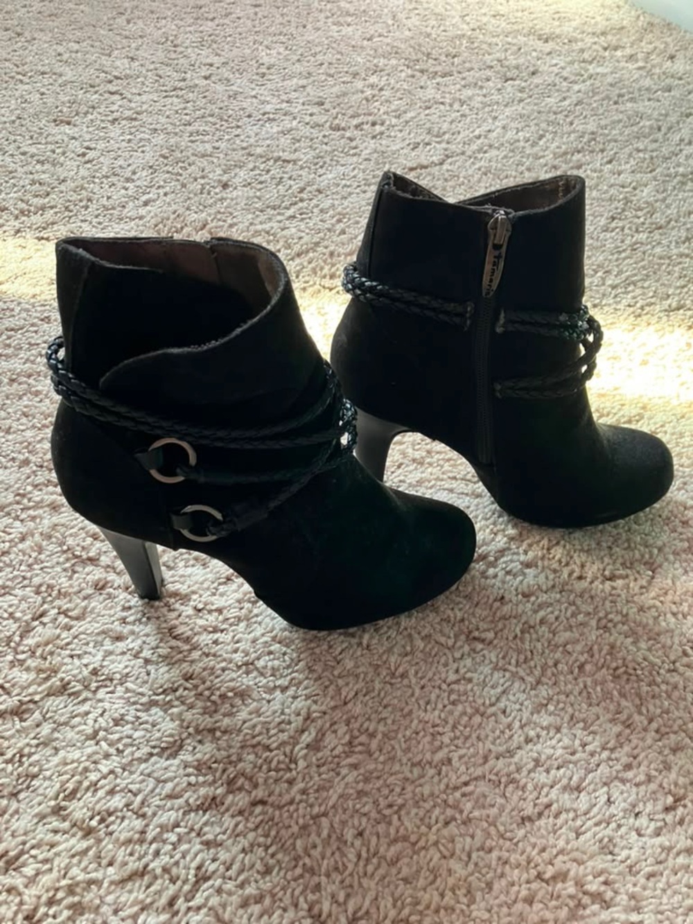 Tamaris Women's Black Suede Leather Ankle Booties with Braided Strap Detail